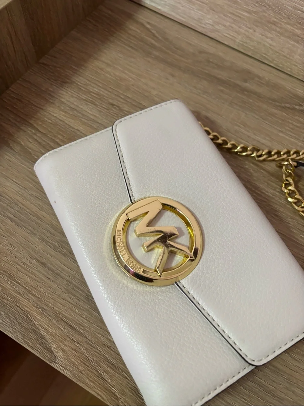 Michael Kors Cream Leather Crossbody with Gold MK Logo
